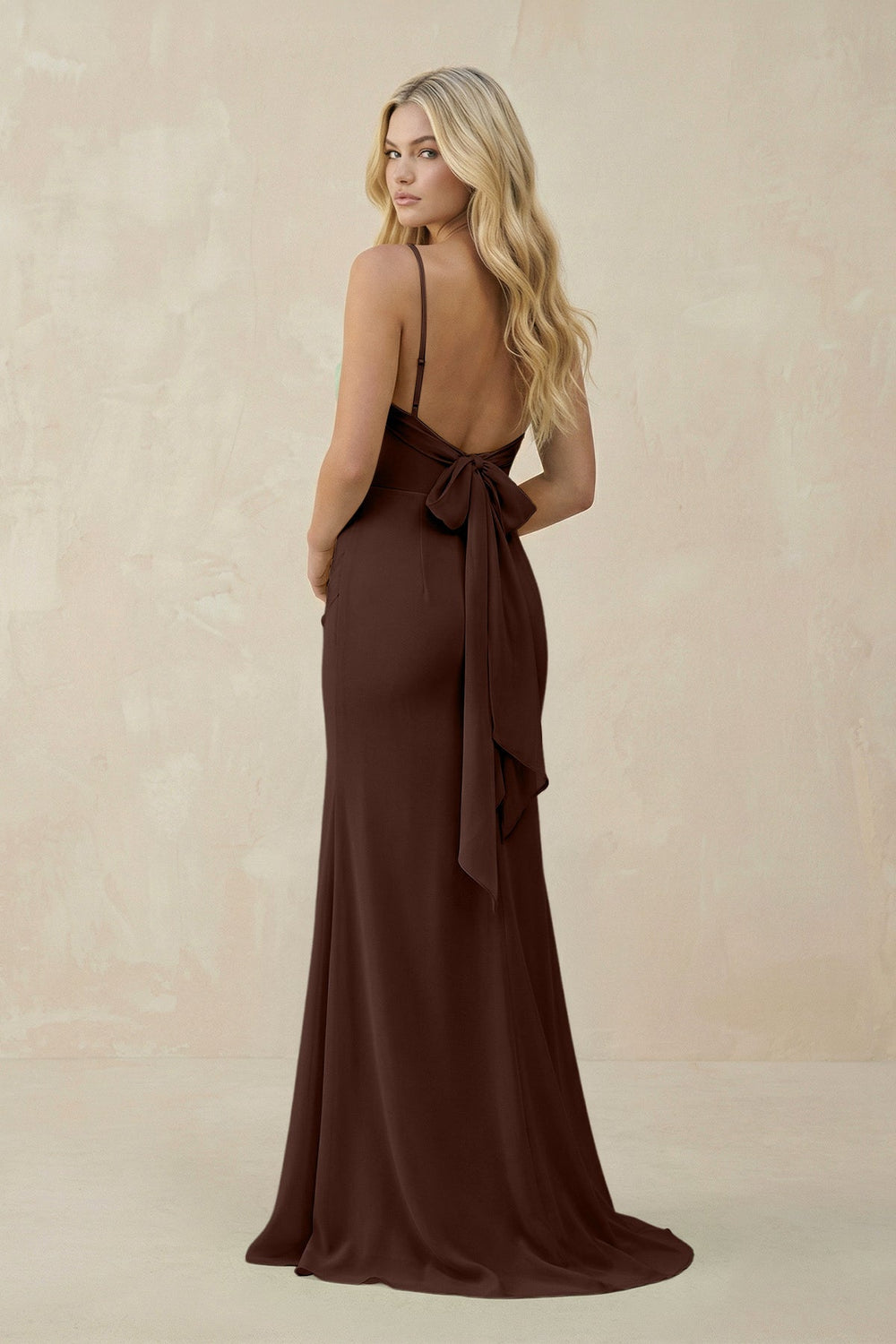 Cowl Neck Sheath Chiffon Bridesmaid Dress with Corset in Espresso - SHE IS ME Bridesmaid Dresses