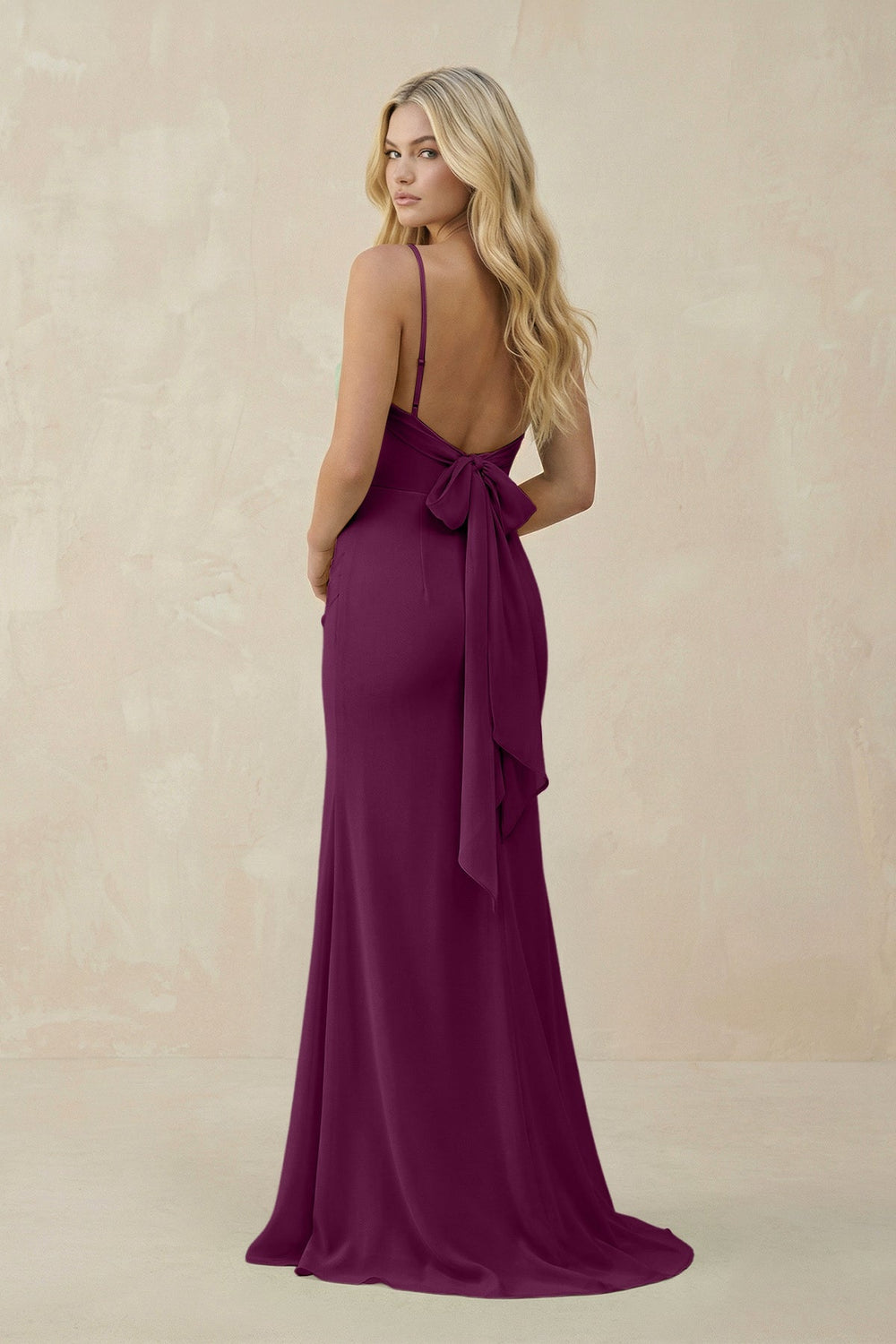 Cowl Neck Sheath Chiffon Bridesmaid Dress with Corset in Fig - SHE IS ME Bridesmaid Dresses