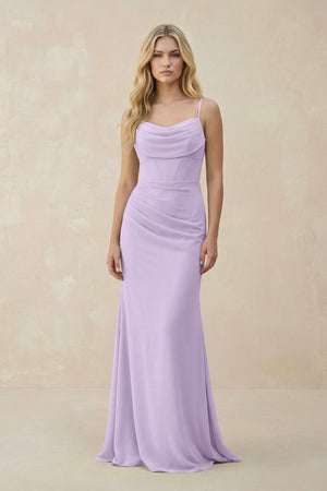 Cowl Neck Sheath Chiffon Bridesmaid Dress with Corset in Lavender - SHE IS ME Bridesmaid Dresses
