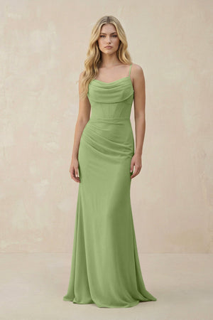 Cowl Neck Sheath Chiffon Bridesmaid Dress with Corset in Matcha - SHE IS ME Bridesmaid Dresses