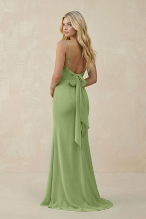 Cowl Neck Sheath Chiffon Bridesmaid Dress with Corset in Matcha - SHE IS ME Bridesmaid Dresses