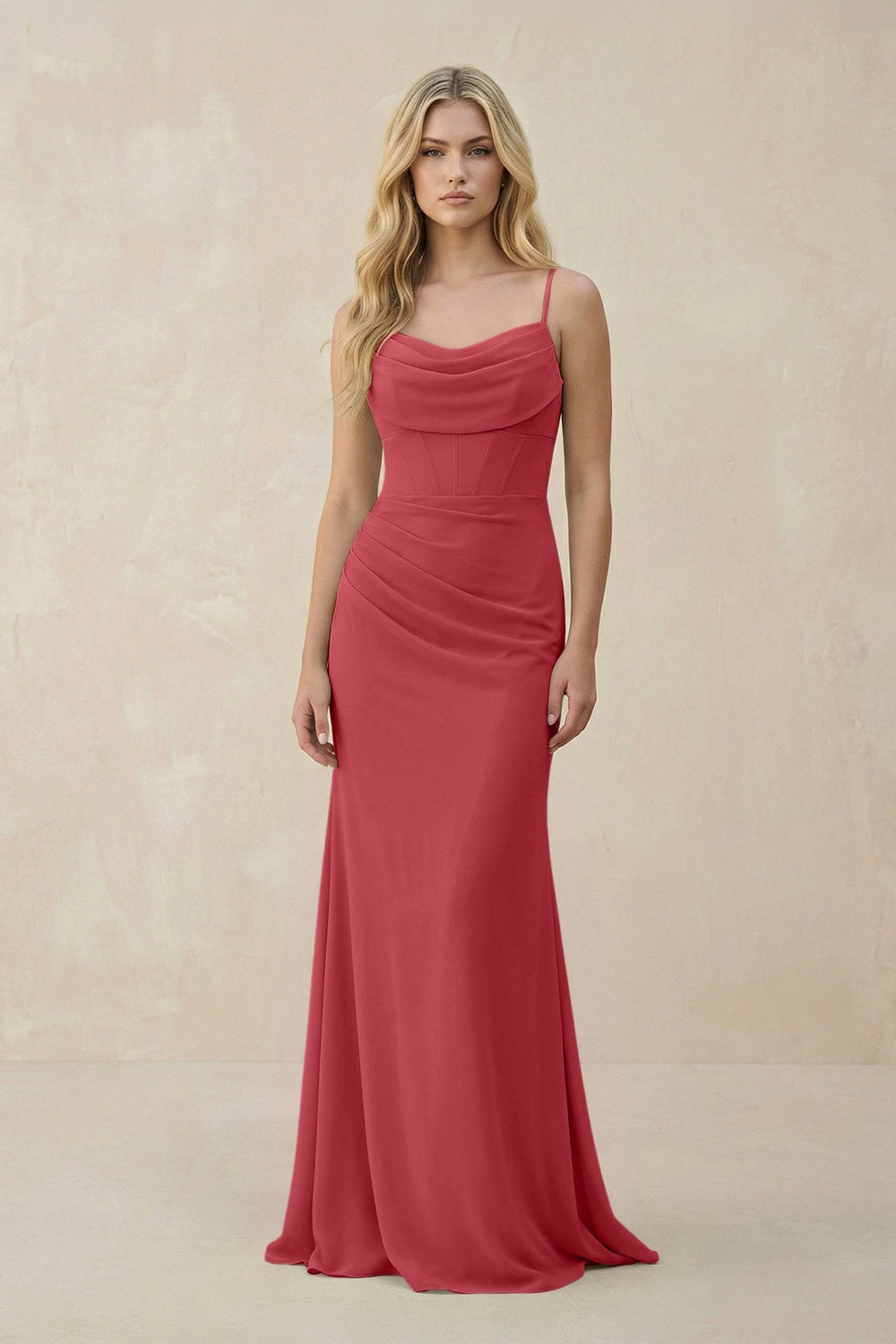 Cowl Neck Sheath Chiffon Bridesmaid Dress with Corset in Merlot - SHE IS ME Bridesmaid Dresses