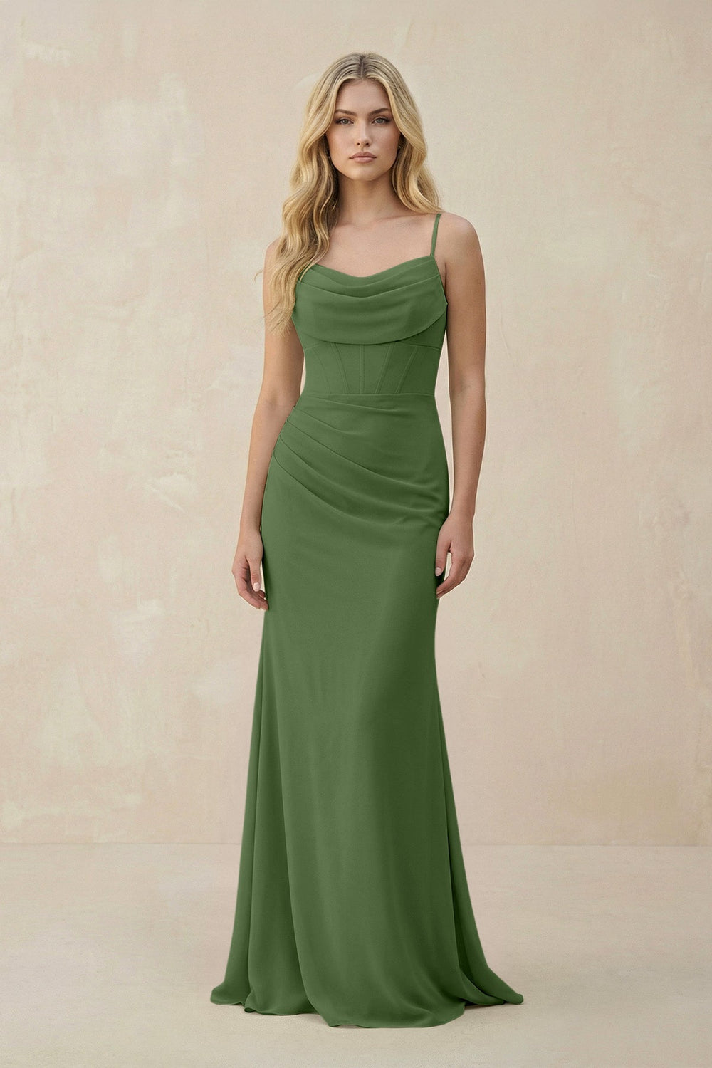 Cowl Neck Sheath Chiffon Bridesmaid Dress with Corset in Moss - SHE IS ME Bridesmaid Dresses