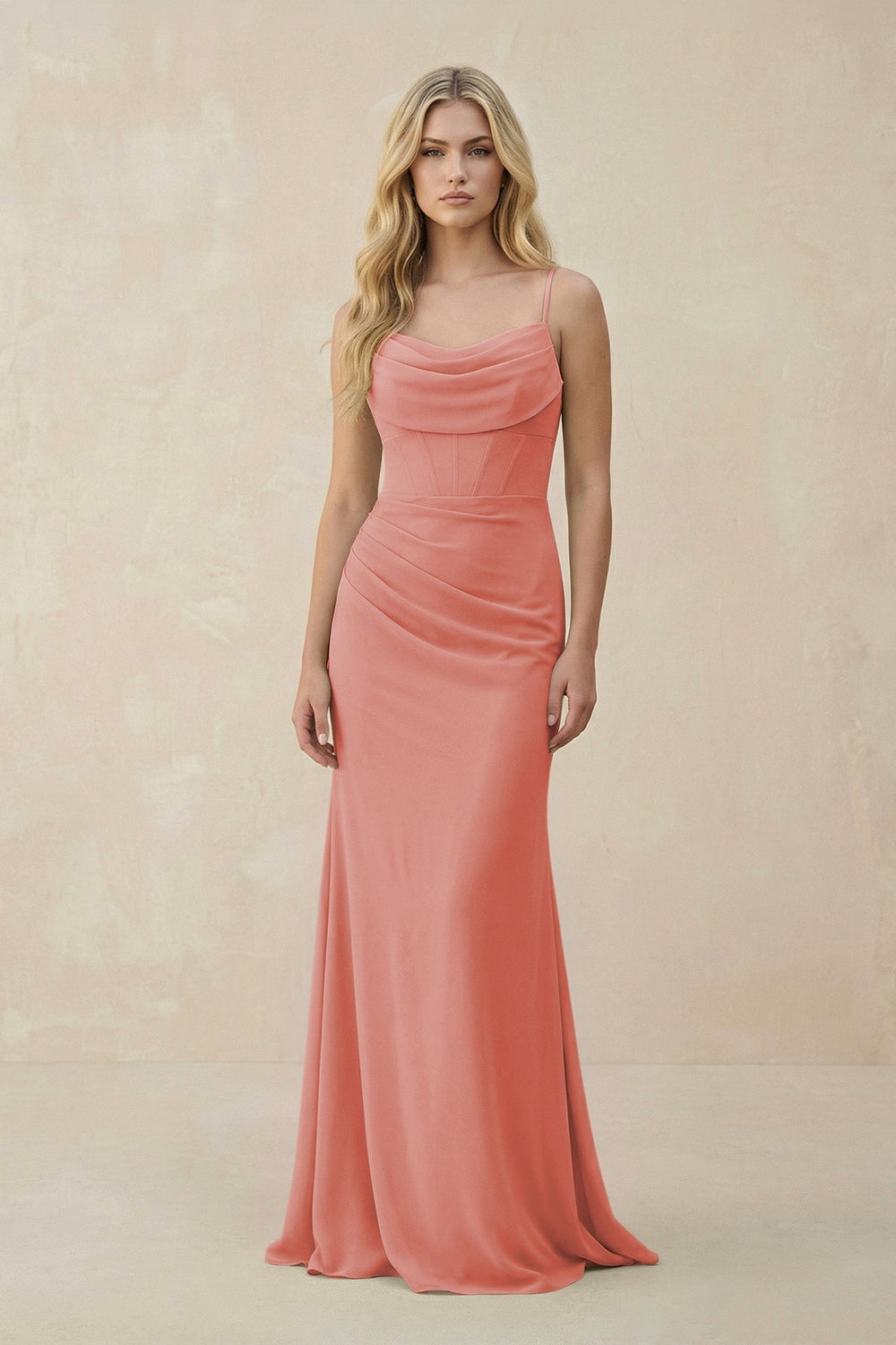 Cowl Neck Sheath Chiffon Bridesmaid Dress with Corset in Mulberry - SHE IS ME Bridesmaid Dresses