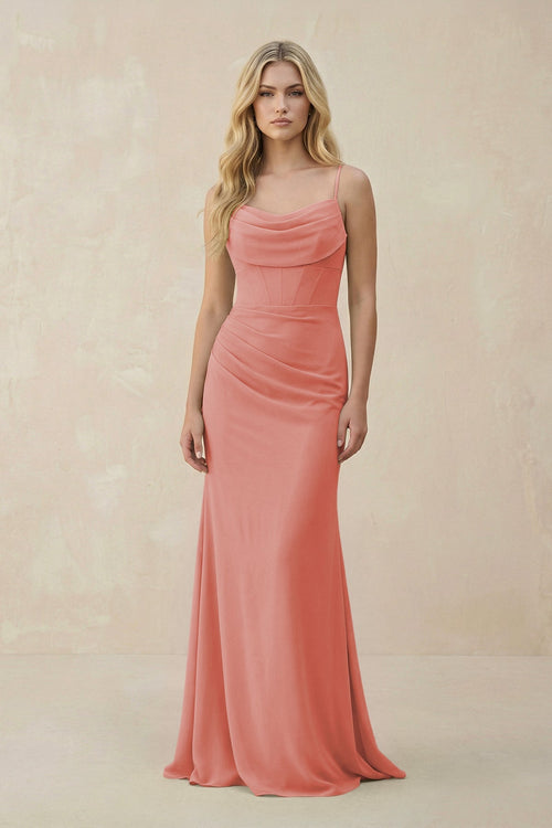 Cowl Neck Sheath Chiffon Bridesmaid Dress with Corset in Mulberry - SHE IS ME Bridesmaid Dresses