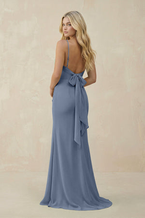 Cowl Neck Sheath Chiffon Bridesmaid Dress with Corset in Neptune - SHE IS ME Bridesmaid Dresses