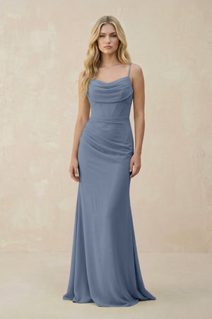 Cowl Neck Sheath Chiffon Bridesmaid Dress with Corset in Neptune - SHE IS ME Bridesmaid Dresses