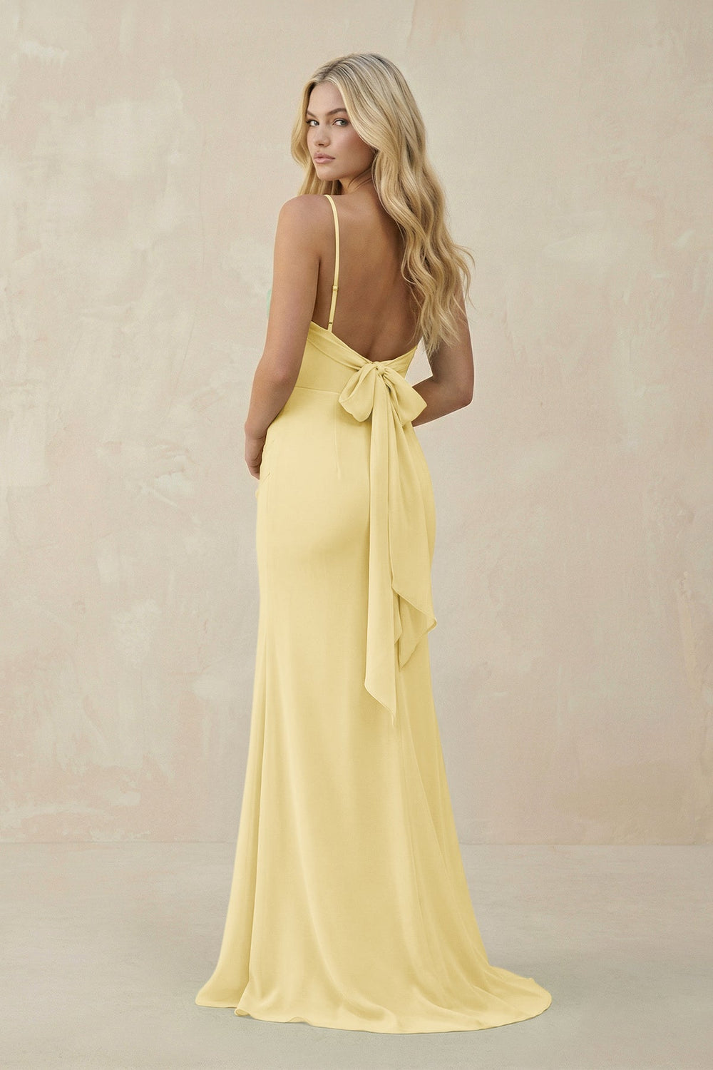 Cowl Neck Sheath Chiffon Bridesmaid Dress with Corset in Pastel Yellow - SHE IS ME Bridesmaid Dresses