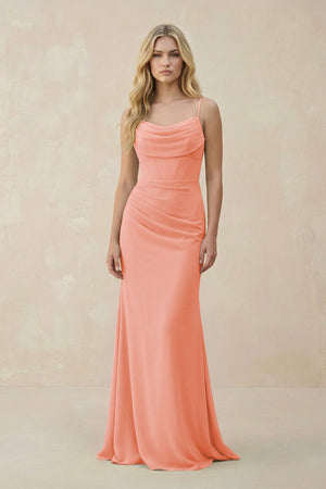 Cowl Neck Sheath Chiffon Bridesmaid Dress with Corset in Rosette - SHE IS ME Bridesmaid Dresses