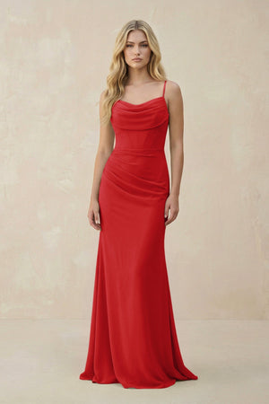 Cowl Neck Sheath Chiffon Bridesmaid Dress with Corset in Ruby Red - SHE IS ME Bridesmaid Dresses