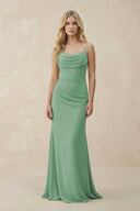 Cowl Neck Sheath Chiffon Bridesmaid Dress with Corset in Sea Glass - SHE IS ME Bridesmaid Dresses