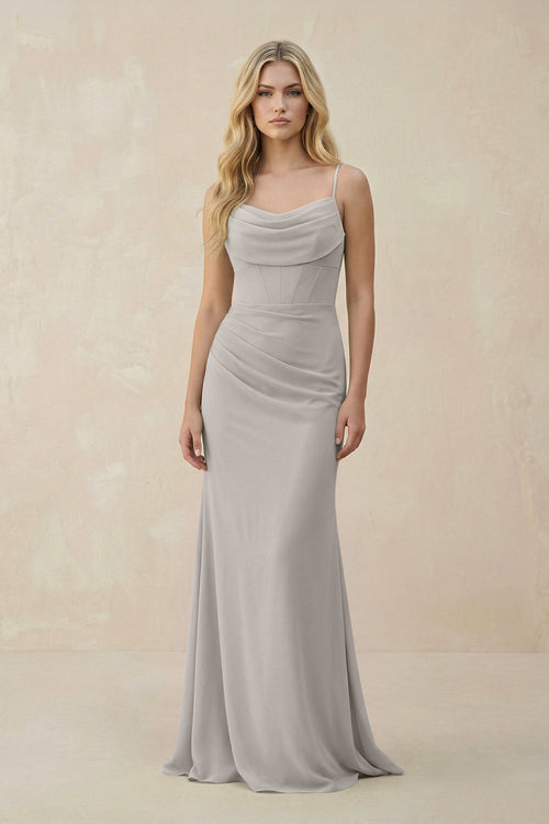 Cowl Neck Sheath Chiffon Bridesmaid Dress with Corset in Silver - SHE IS ME Bridesmaid Dresses