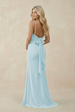 Cowl Neck Sheath Chiffon Bridesmaid Dress with Corset in Sky Blue - SHE IS ME Bridesmaid Dresses