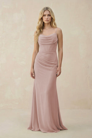 Cowl Neck Sheath Chiffon Bridesmaid Dress with Corset in Toffee - SHE IS ME Bridesmaid Dresses