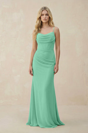 Cowl Neck Sheath Chiffon Bridesmaid Dress with Corset in Turquoise - SHE IS ME Bridesmaid Dresses