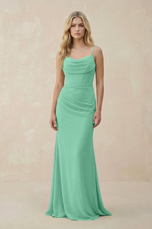 Cowl Neck Sheath Chiffon Bridesmaid Dress with Corset in Turquoise - SHE IS ME Bridesmaid Dresses