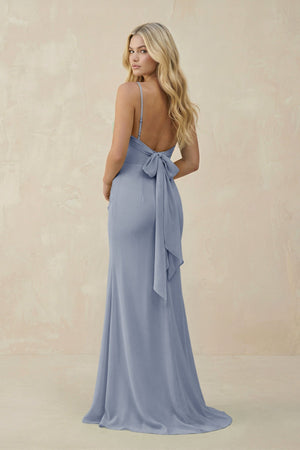 Cowl Neck Sheath Chiffon Bridesmaid Dress with Corset in Twilight - SHE IS ME Bridesmaid Dresses
