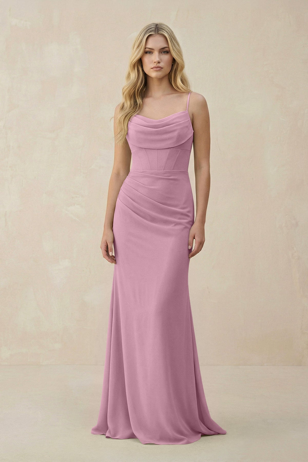 Cowl Neck Sheath Chiffon Bridesmaid Dress with Corset in Vintage Mauve - SHE IS ME Bridesmaid Dresses
