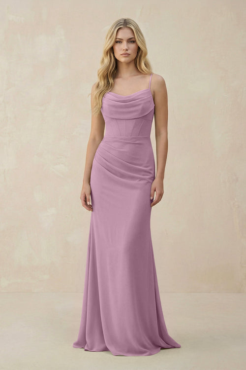 Cowl Neck Sheath Chiffon Bridesmaid Dress with Corset in Wisteria - SHE IS ME Bridesmaid Dresses