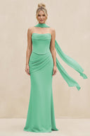 Cowl Neck Sheath Chiffon Bridesmaid Dress with Ribbon in Turquoise - SHE IS ME Bridesmaid Dresses