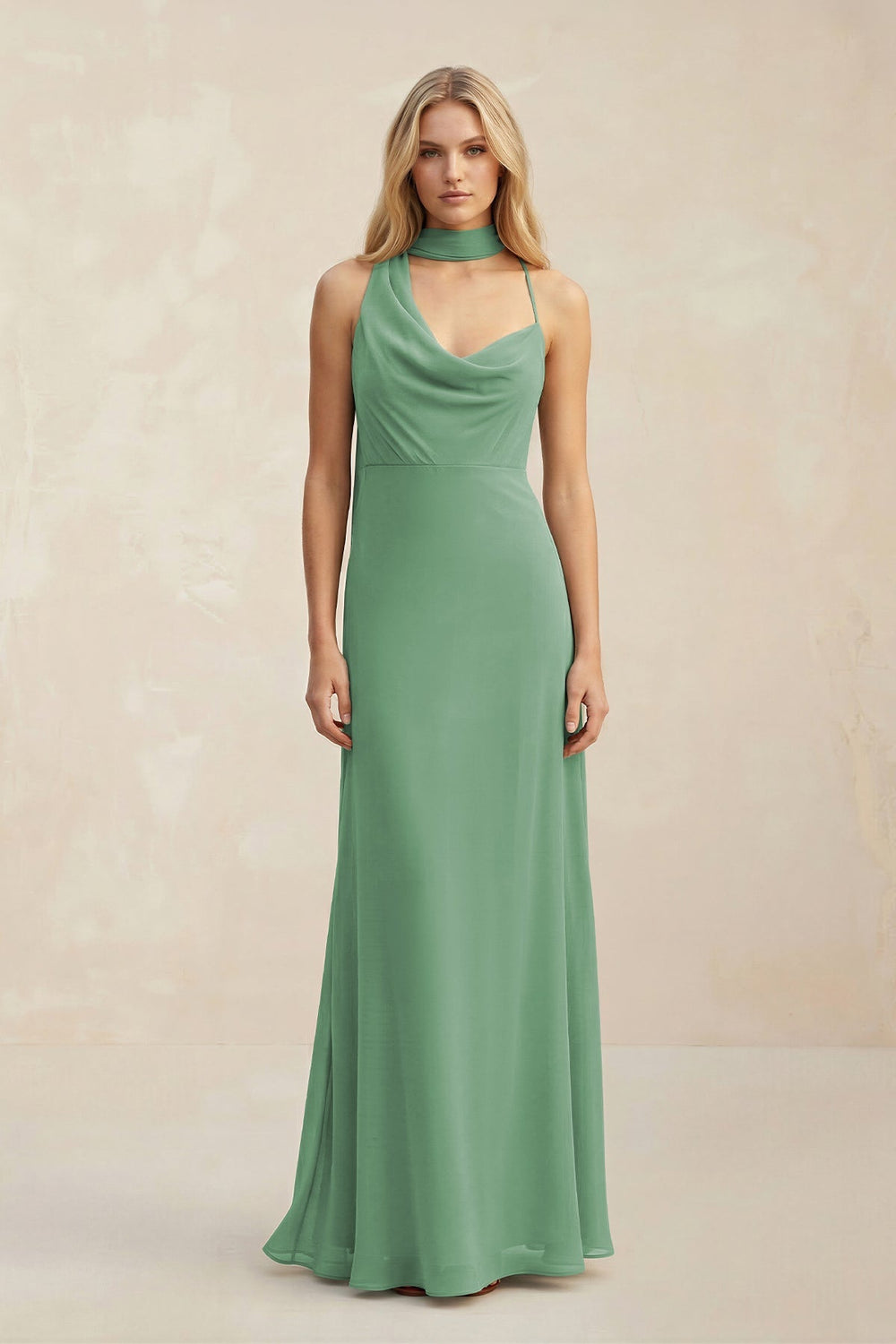 Cowl Neck Sheath Chiffon Maxi Bridesmaid Dress With Ribbon in Sea Glass - SHE IS ME Bridesmaid Dresses