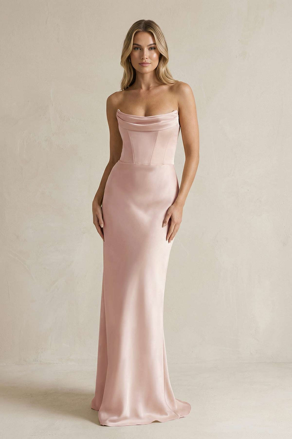 Cowl Neck Sheath Corset Bridesmaid Dress in Pale Blush - SHE IS ME Bridesmaid Dresses