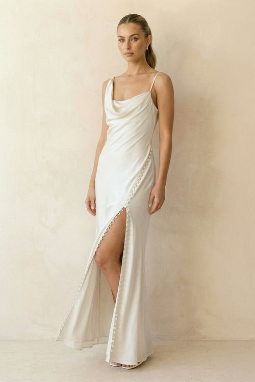 Cowl Neck Sheath Satin Wedding Dress With Slit in White - SHE IS ME Wedding Dresses