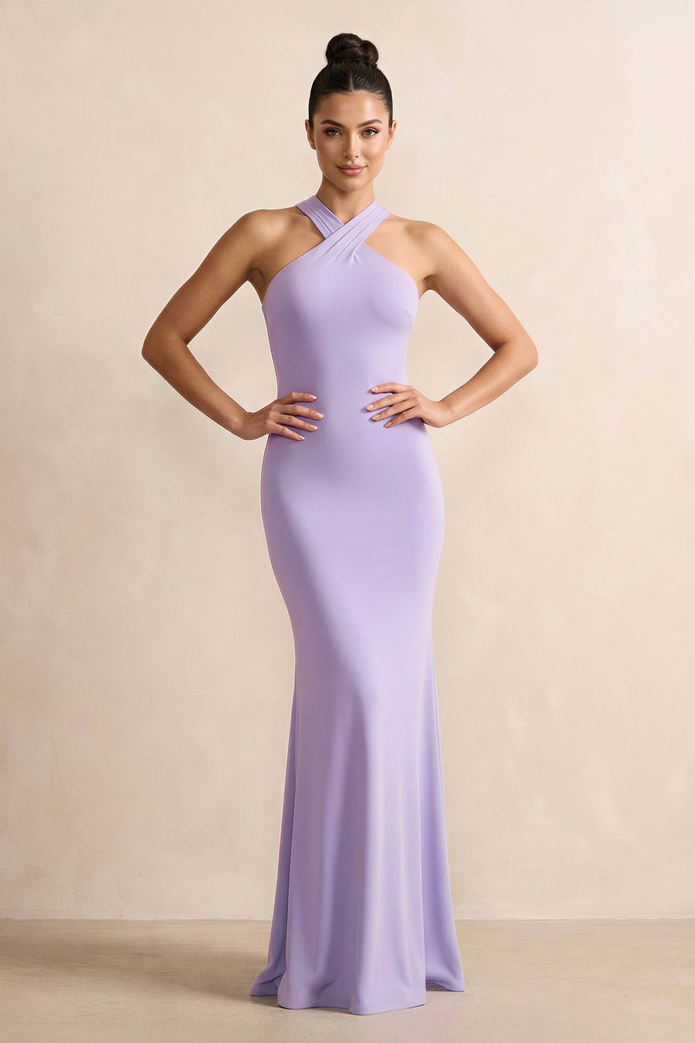 Crisscross Halter Sheath Chiffon Bridesmaid Dress with Bow in Lavender - SHE IS ME BRIDESMAID DRESSES