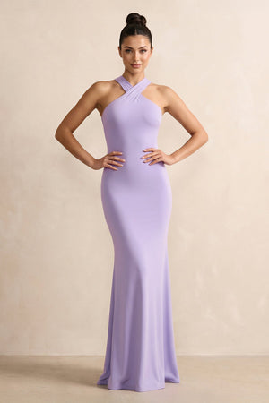 Crisscross Halter Sheath Chiffon Bridesmaid Dress with Bow in Lavender - SHE IS ME BRIDESMAID DRESSES