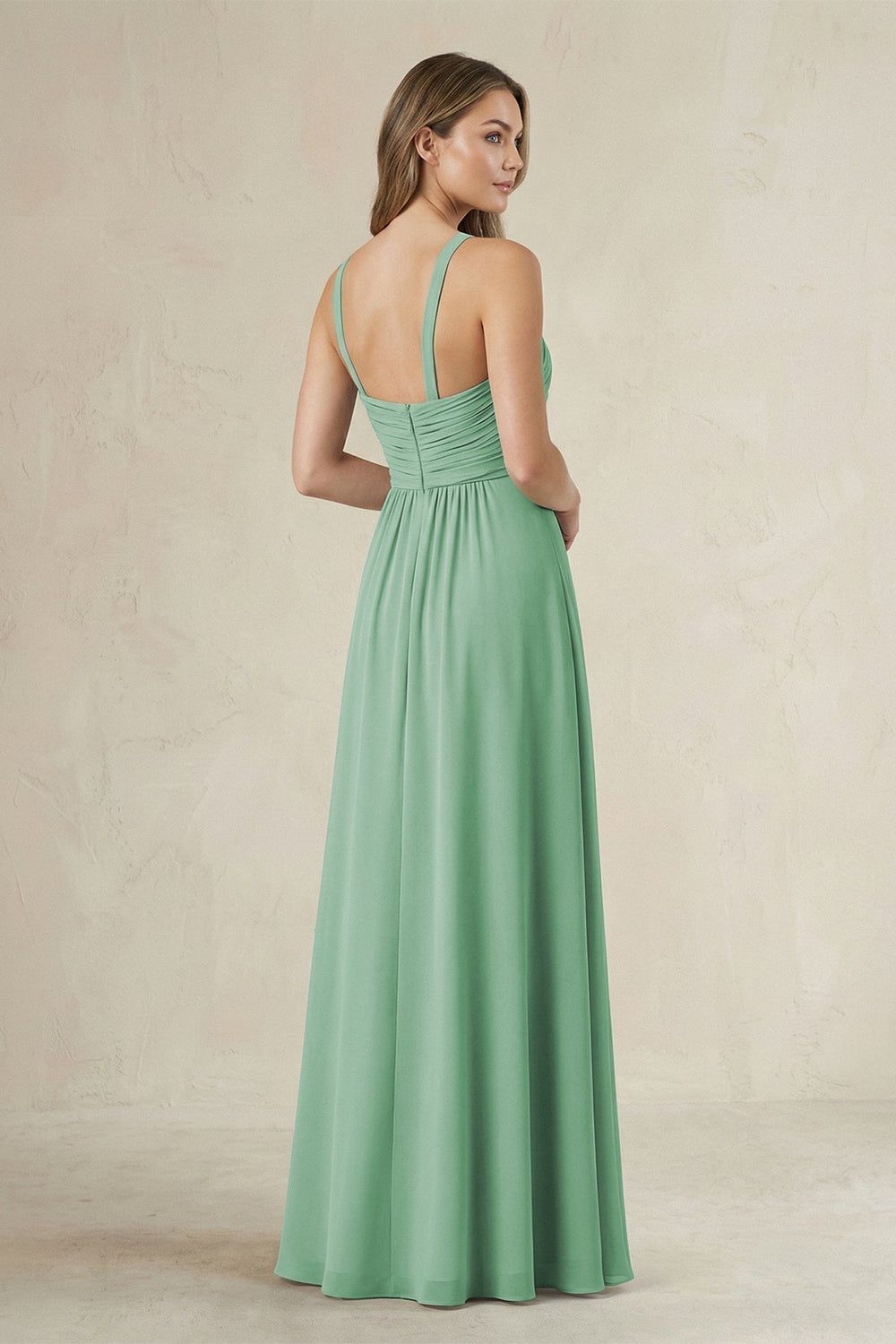 Cross Halter A - Line Pleated Bridesmaid Dress in Sea Glass - SHE IS ME Bridesmaid Dresses
