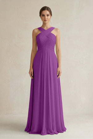 Cross Halter Chiffon A - Line Pleated Bridesmaid Dress in Amethyst - SHE IS ME Bridesmaid Dresses