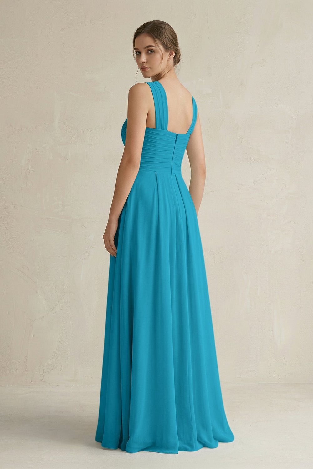 Cross Halter Chiffon A - Line Pleated Bridesmaid Dress in Blue Jay - SHE IS ME Bridesmaid Dresses