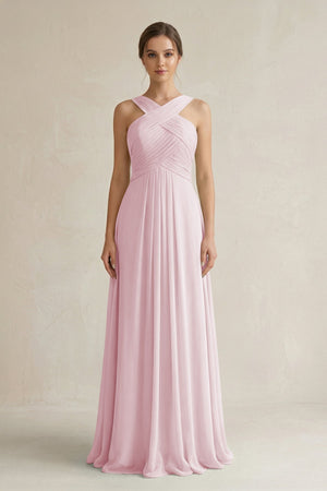 Cross Halter Chiffon A - Line Pleated Bridesmaid Dress in Candy Pink - SHE IS ME Bridesmaid Dresses