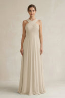Cross Halter Chiffon A - Line Pleated Bridesmaid Dress in Champagne - SHE IS ME Bridesmaid Dresses