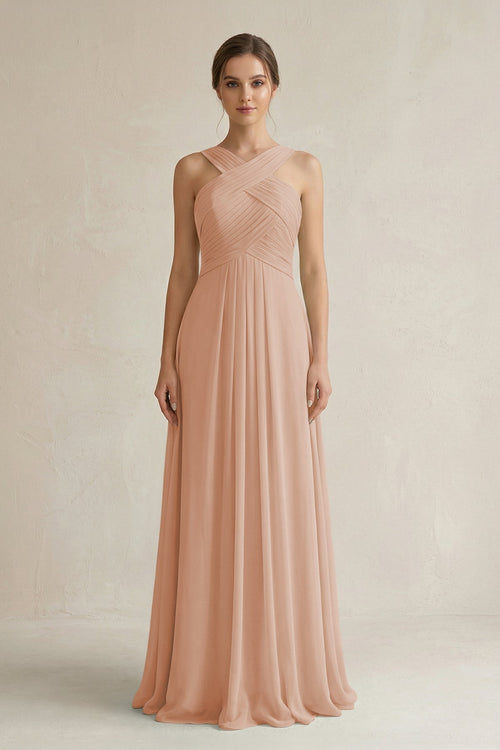 Cross Halter Chiffon A - Line Pleated Bridesmaid Dress in Champagne Rose - SHE IS ME Bridesmaid Dresses