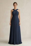 Cross Halter Chiffon A - Line Pleated Bridesmaid Dress in Dark Navy - SHE IS ME Bridesmaid Dresses