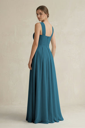 Cross Halter Chiffon A - Line Pleated Bridesmaid Dress in Dark Teal - SHE IS ME Bridesmaid Dresses