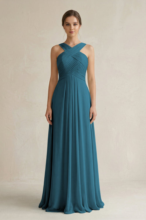 Cross Halter Chiffon A - Line Pleated Bridesmaid Dress in Dark Teal - SHE IS ME Bridesmaid Dresses