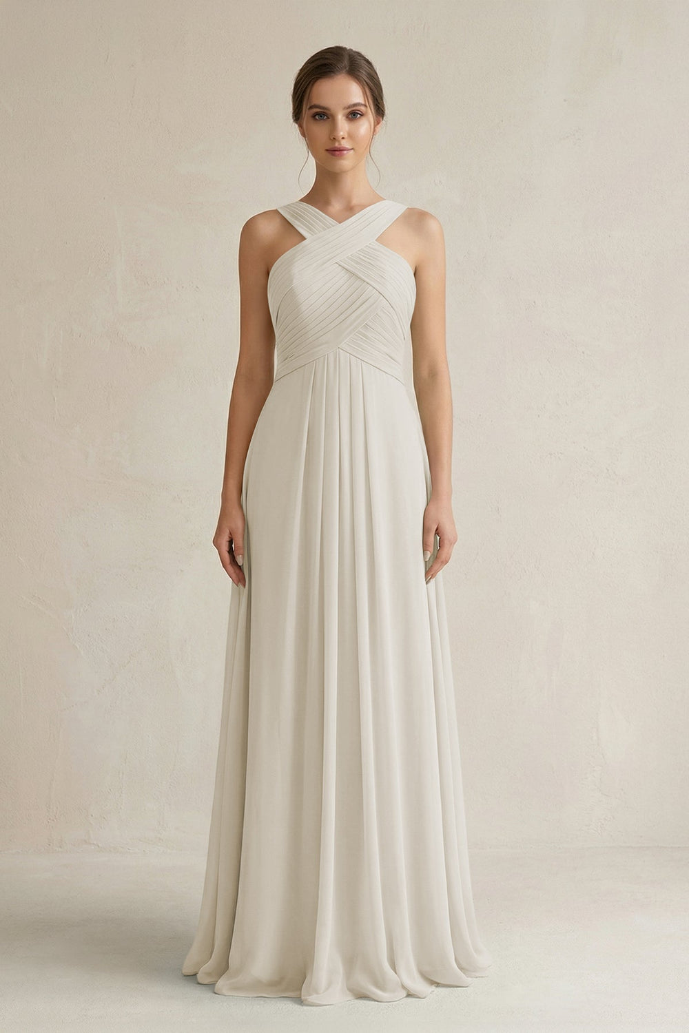 Cross Halter Chiffon A - Line Pleated Bridesmaid Dress in Dove Gray - SHE IS ME Bridesmaid Dresses