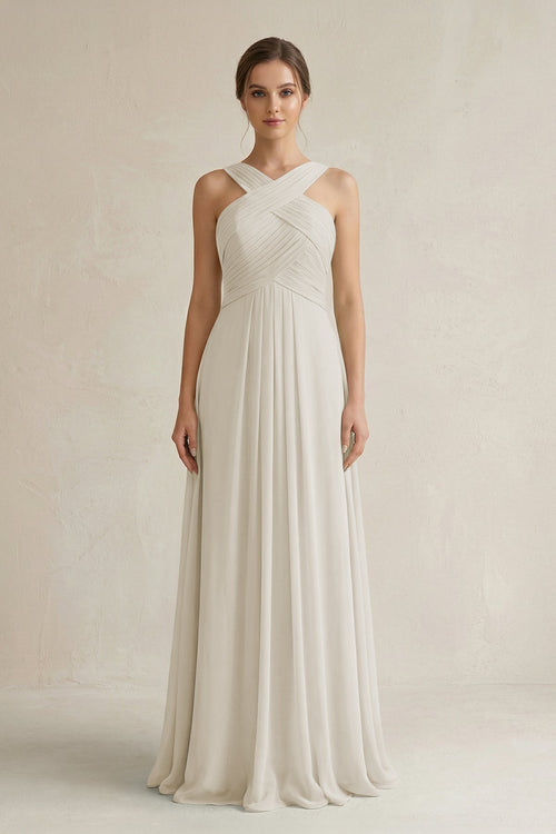Cross Halter Chiffon A - Line Pleated Bridesmaid Dress in Dove Gray - SHE IS ME Bridesmaid Dresses