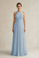 Cross Halter Chiffon A - Line Pleated Bridesmaid Dress in Dusty Blue - SHE IS ME Bridesmaid Dresses