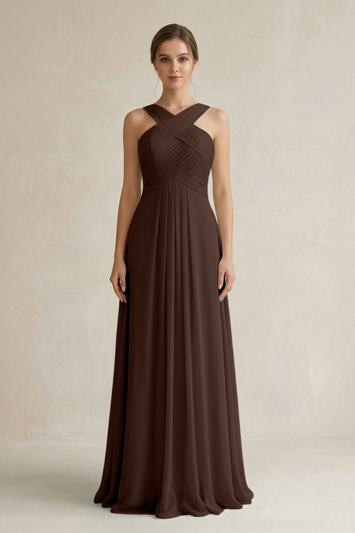 Cross Halter Chiffon A - Line Pleated Bridesmaid Dress in Espresso - SHE IS ME Bridesmaid Dresses