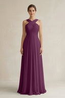Cross Halter Chiffon A - Line Pleated Bridesmaid Dress in Fig - SHE IS ME Bridesmaid Dresses