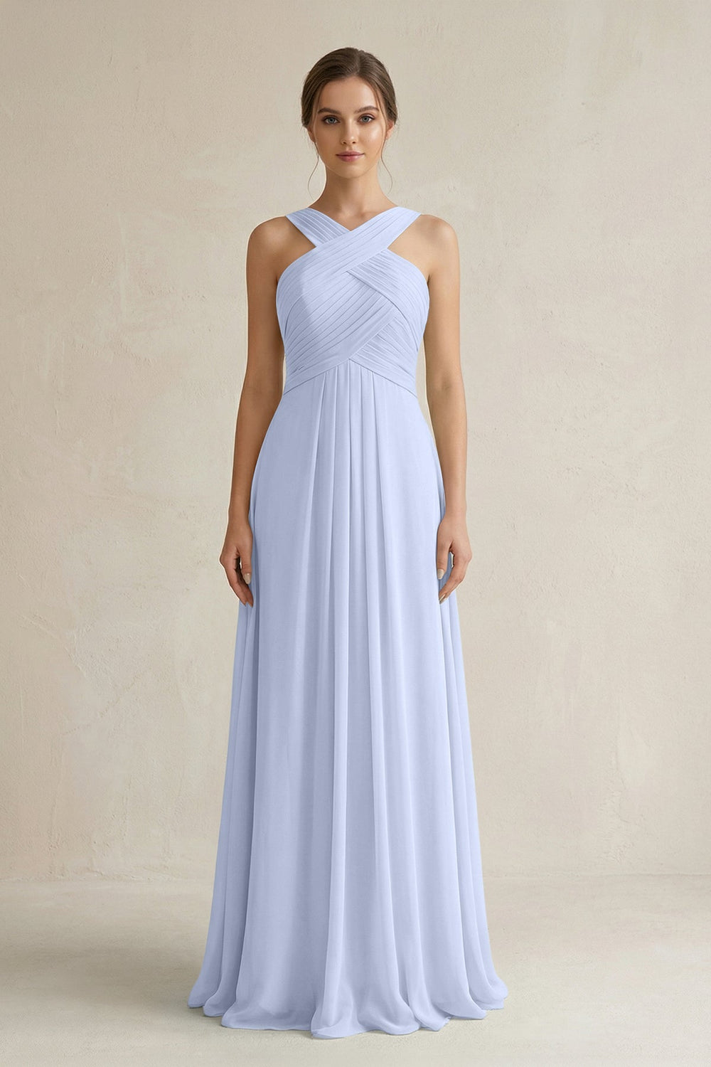 Cross Halter Chiffon A - Line Pleated Bridesmaid Dress in Ice - SHE IS ME Bridesmaid Dresses