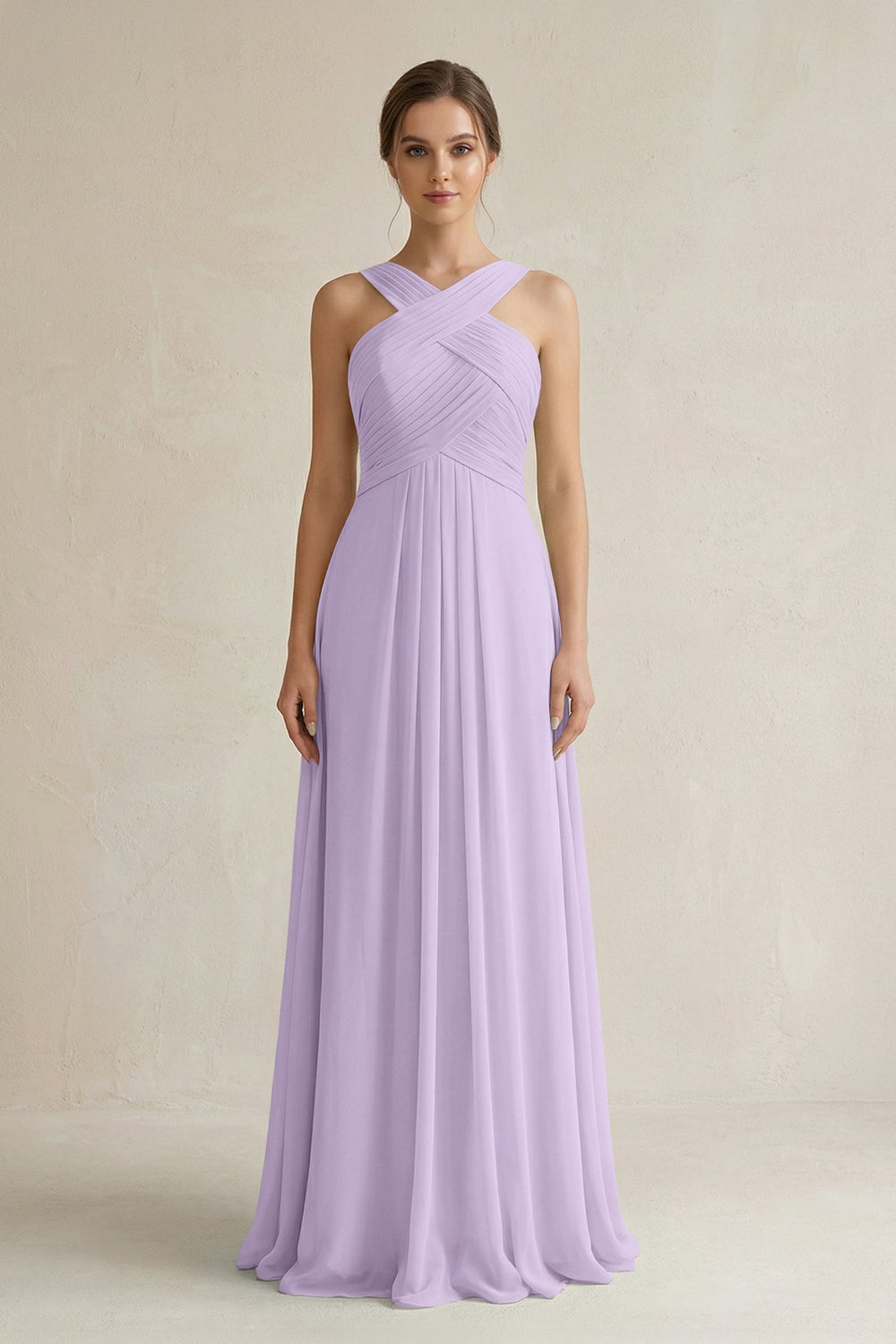 Cross Halter Chiffon A - Line Pleated Bridesmaid Dress in Lavender - SHE IS ME Bridesmaid Dresses
