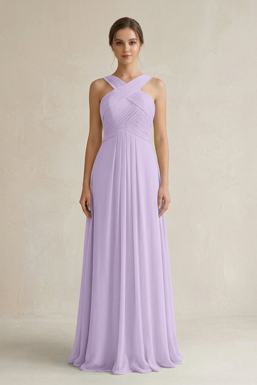 Cross Halter Chiffon A - Line Pleated Bridesmaid Dress in Lavender - SHE IS ME Bridesmaid Dresses