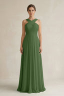 Cross Halter Chiffon A - Line Pleated Bridesmaid Dress in Moss - SHE IS ME Bridesmaid Dresses