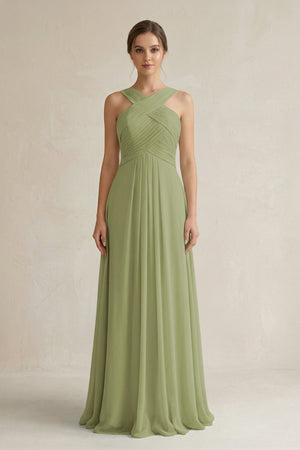 Cross Halter Chiffon A - Line Pleated Bridesmaid Dress in Moss Green - SHE IS ME Bridesmaid Dresses