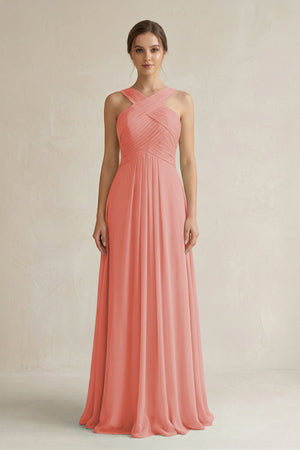 Cross Halter Chiffon A - Line Pleated Bridesmaid Dress in Mulberry - SHE IS ME Bridesmaid Dresses