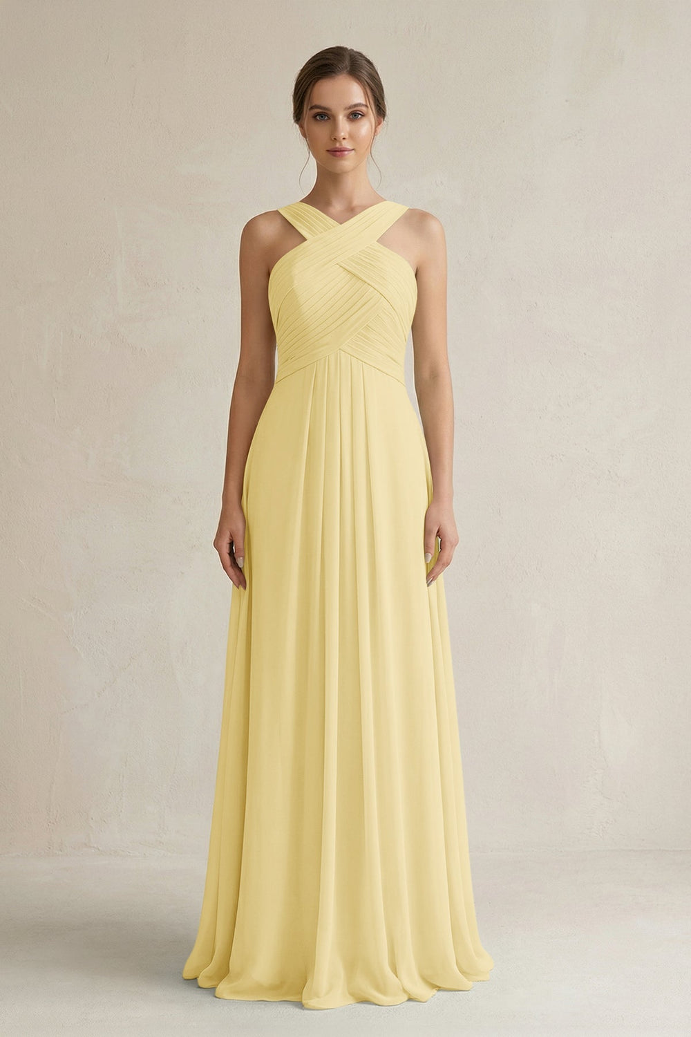 Cross Halter Chiffon A - Line Pleated Bridesmaid Dress in Pastel Yellow - SHE IS ME Bridesmaid Dresses